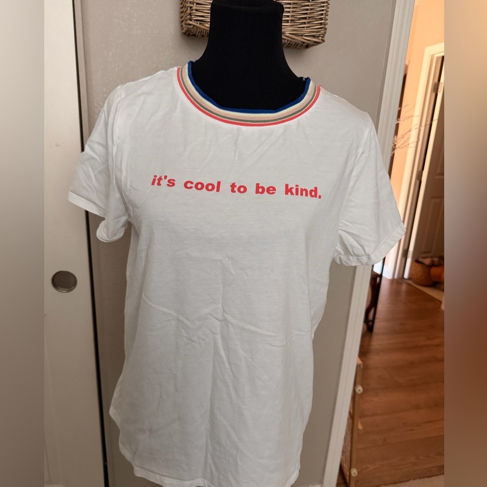 Time and Tru White Graphic Tee with Red Text and Multicolor Trim